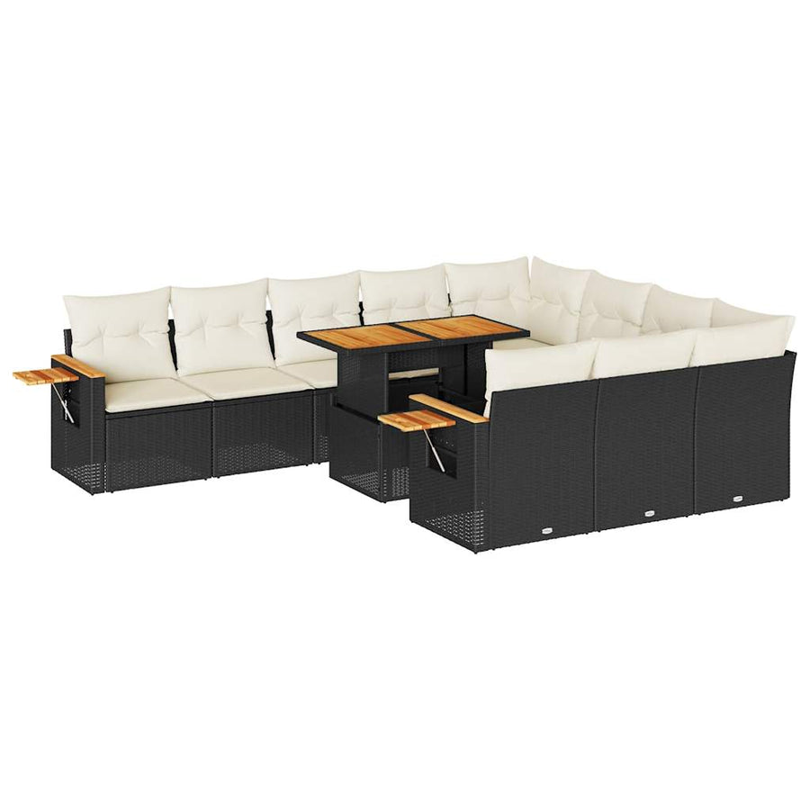 10-delige Loungeset met kussens poly rattan acacia zwart