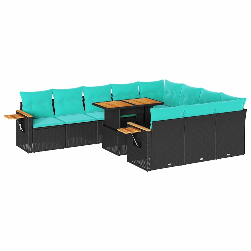 11-delige Loungeset met kussens poly rattan acacia zwart