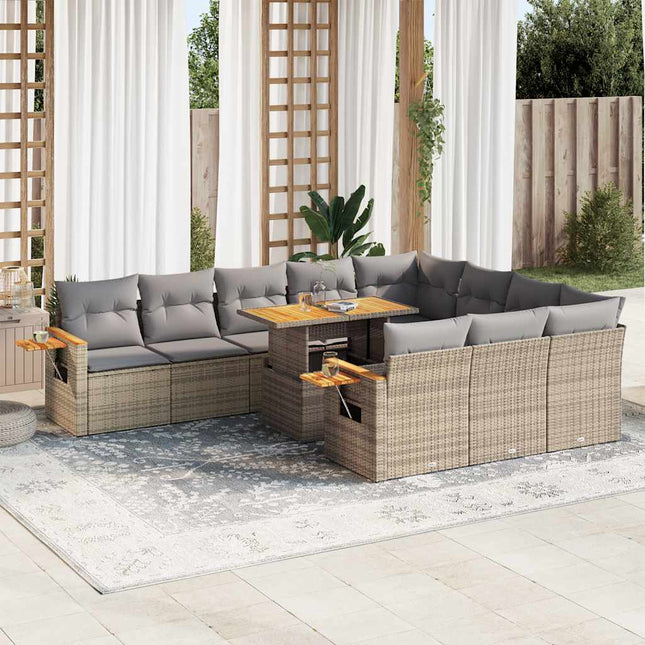 10-delige Loungeset met kussens poly rattan acacia beige