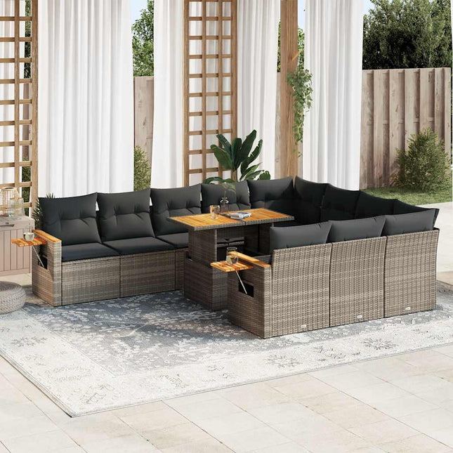 10-delige Loungeset met kussens poly rattan acacia grijs