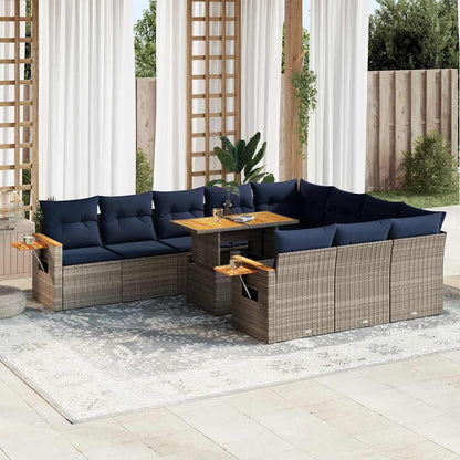 11-delige Loungeset met kussens poly rattan acacia grijs