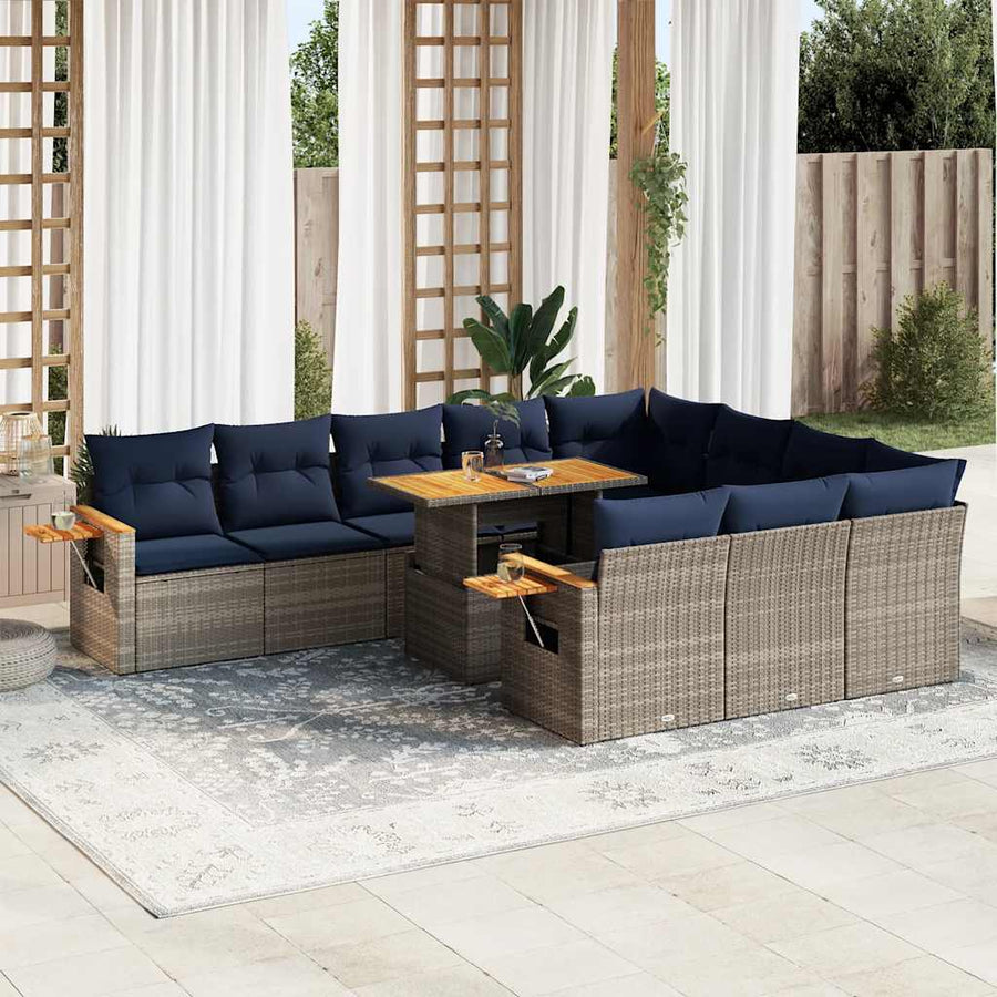 11-delige Loungeset met kussens poly rattan acacia grijs