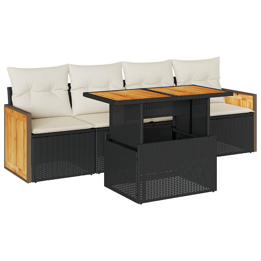 5-delige Loungeset met kussens poly rattan acacia zwart