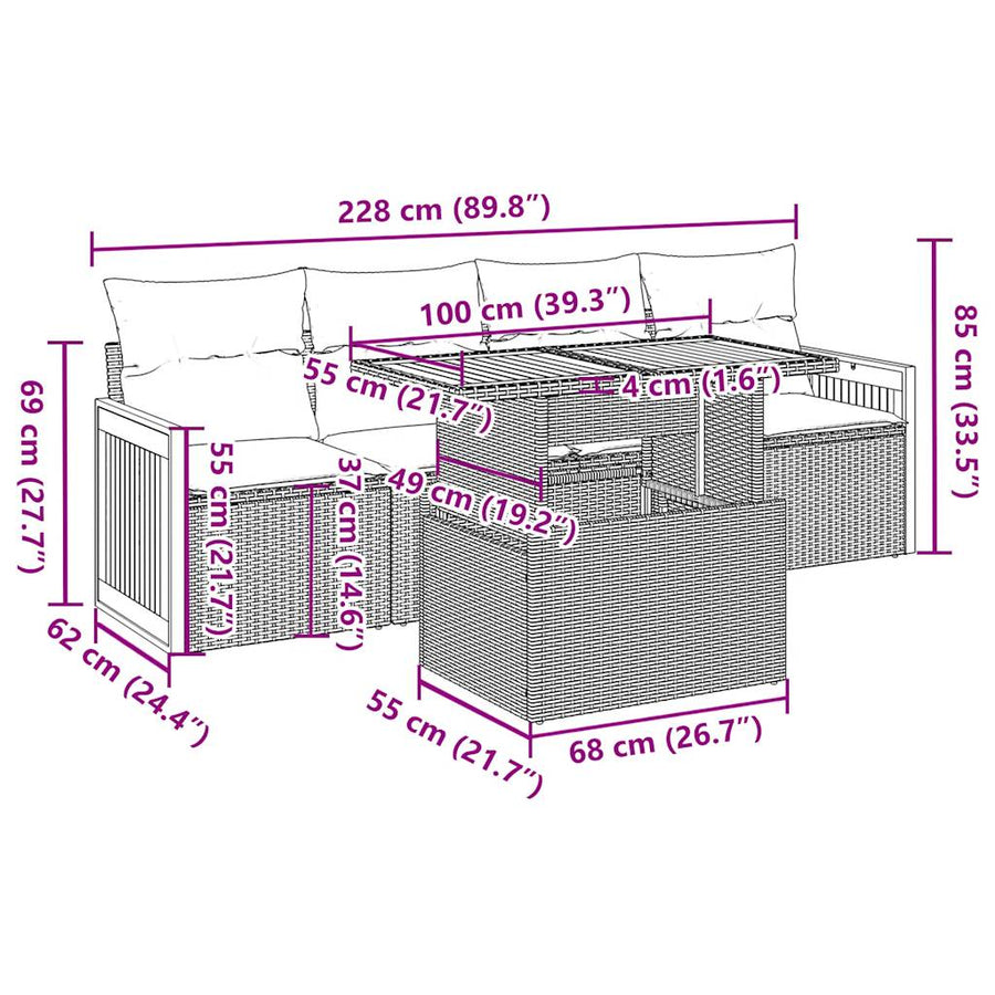 5-delige Loungeset met kussens poly rattan acacia zwart