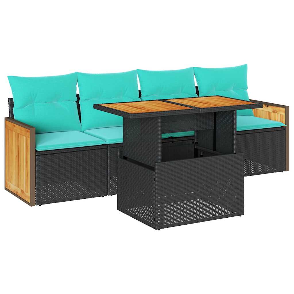 5-delige Loungeset met kussens poly rattan acacia zwart