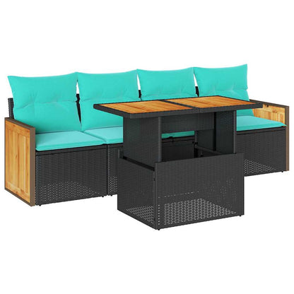 5-delige Loungeset met kussens poly rattan acacia zwart