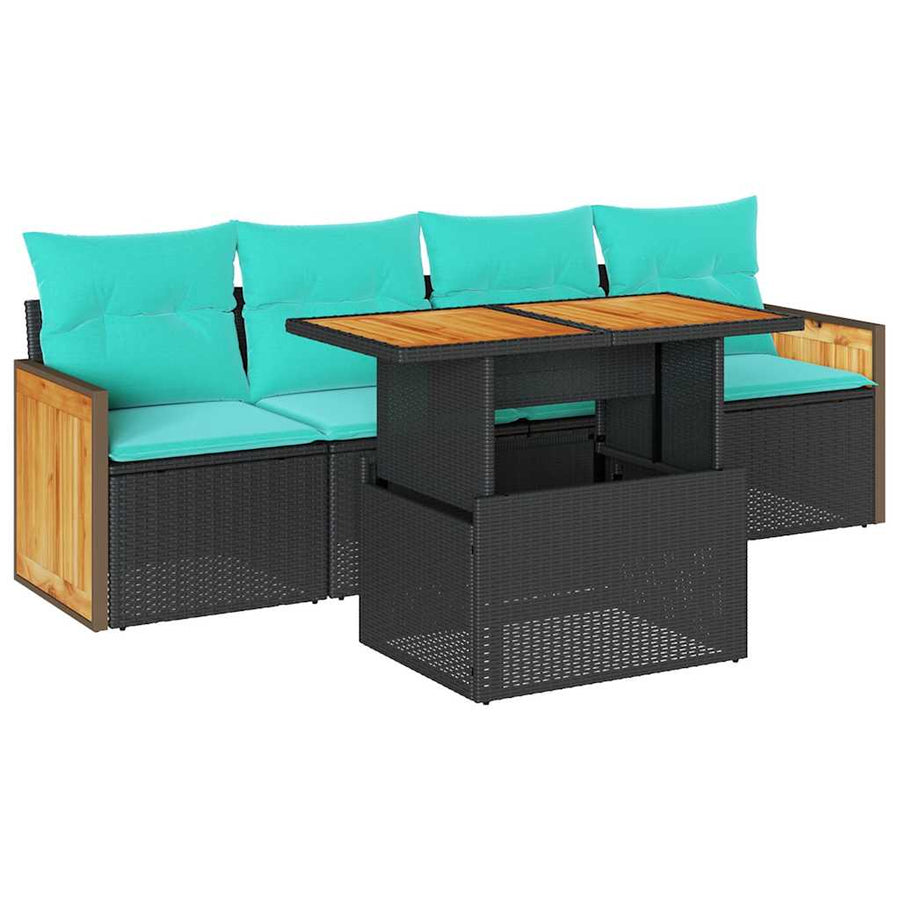 5-delige Loungeset met kussens poly rattan acacia zwart