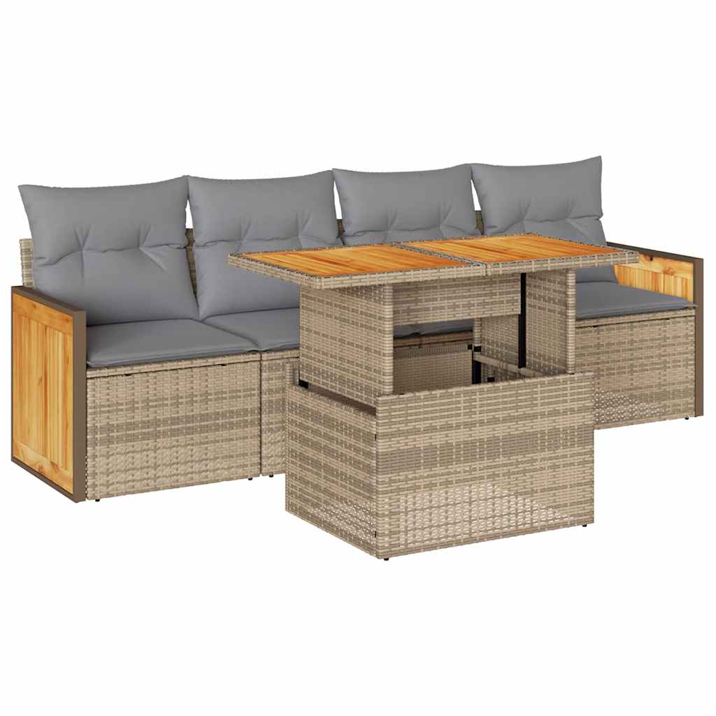 5-delige Loungeset met kussens poly rattan en acaciahout beige