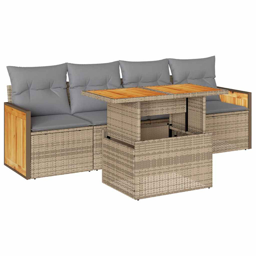 5-delige Loungeset met kussens poly rattan en acaciahout beige