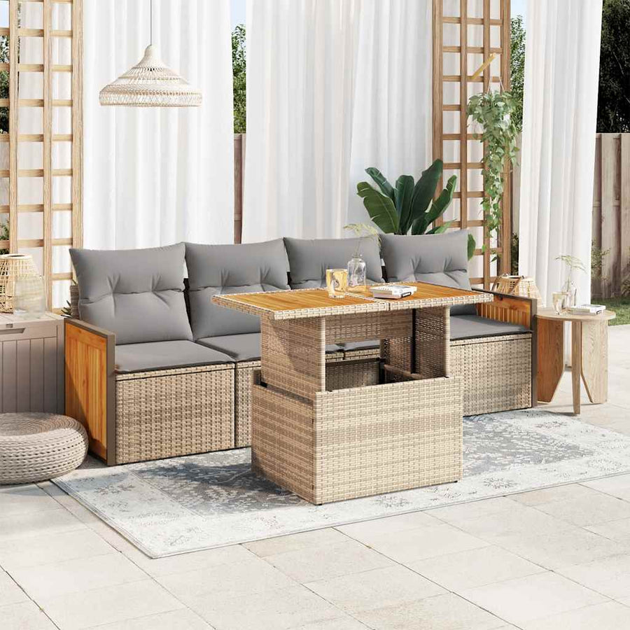5-delige Loungeset met kussens poly rattan en acaciahout beige
