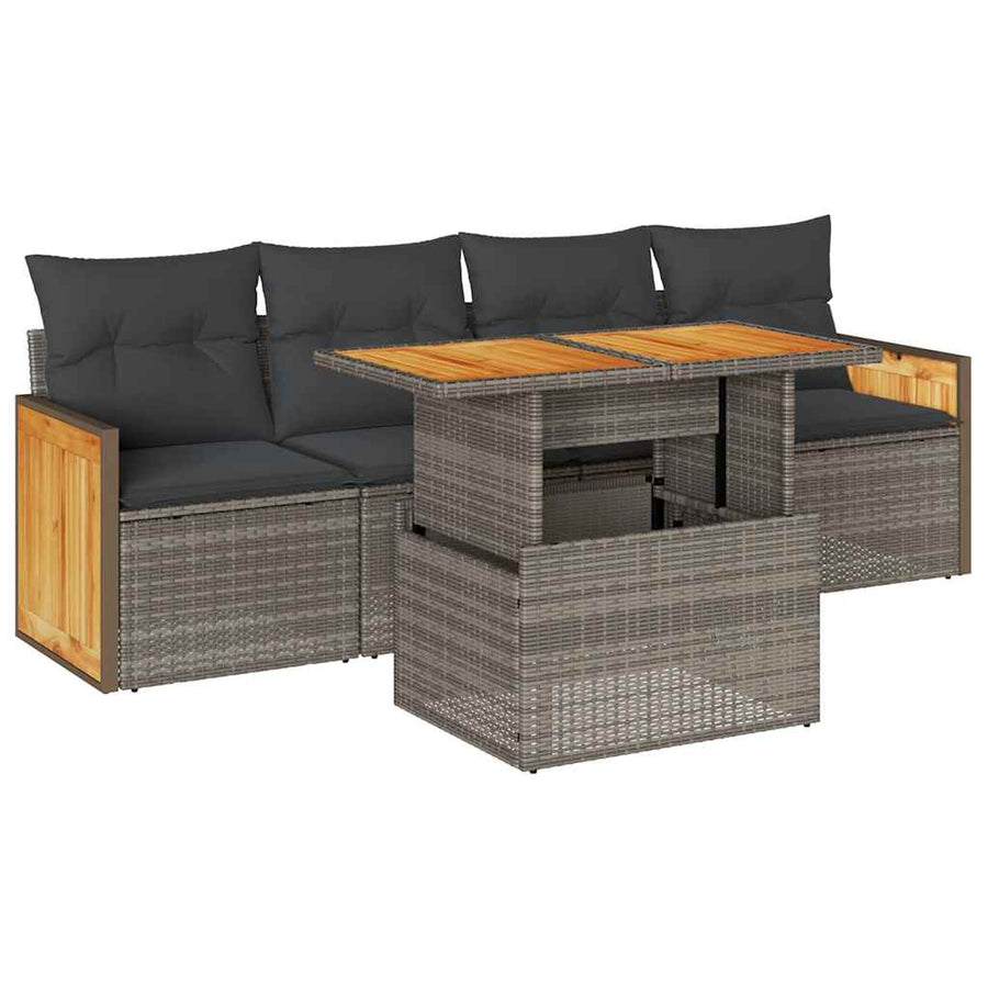 5-delige Loungeset met kussens poly rattan acacia grijs