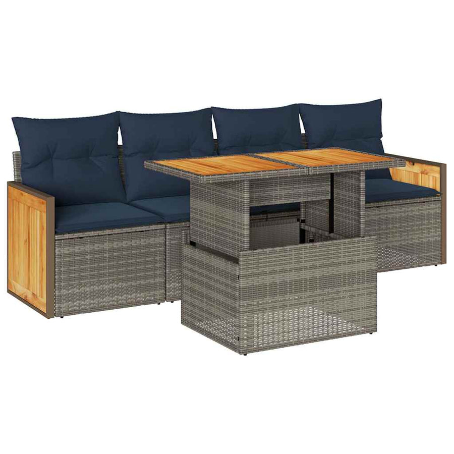 5-delige Loungeset met kussens poly rattan acacia grijs