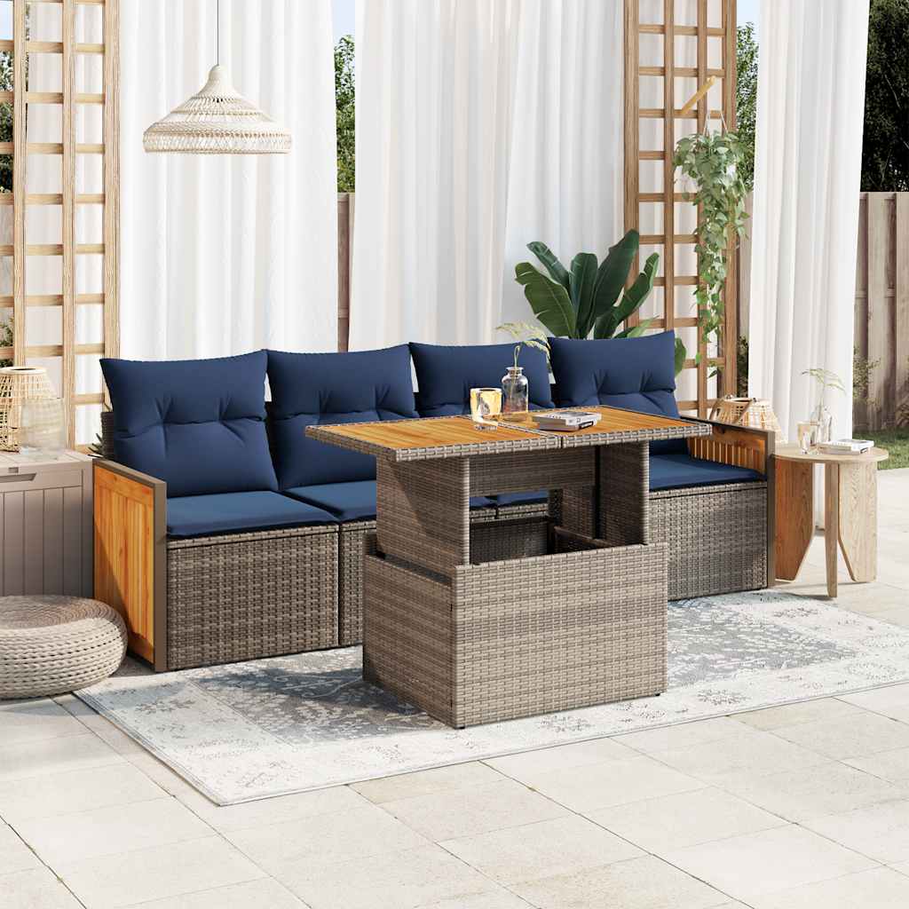 5-delige Loungeset met kussens poly rattan acacia grijs