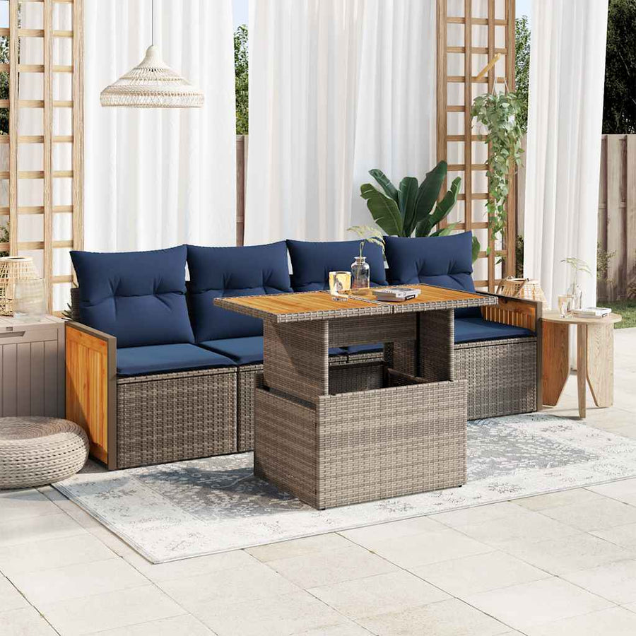 5-delige Loungeset met kussens poly rattan acacia grijs