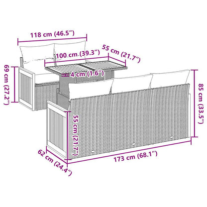 6-delige Loungeset met kussens poly rattan acacia zwart