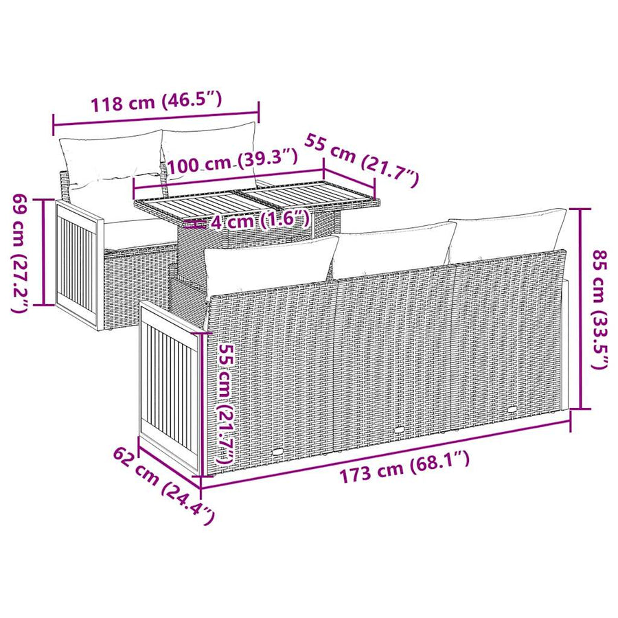 6-delige Loungeset met kussens poly rattan acacia zwart