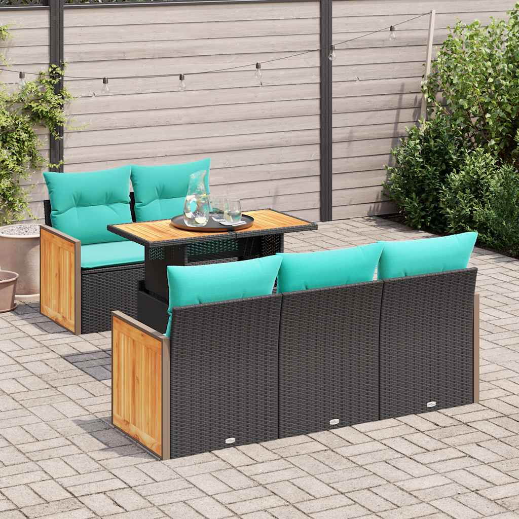 6-delige tuinbankset met kussens, zwart polyrotan en acacia