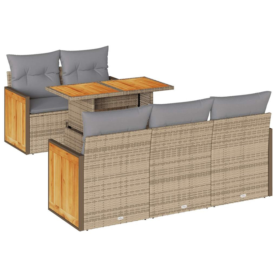6-delige Loungeset met kussens poly rattan acacia beige