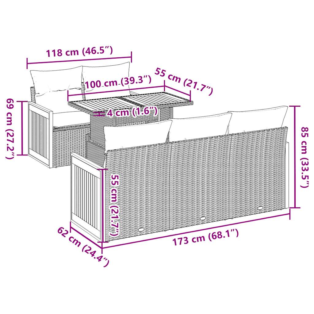 6-delige Loungeset met kussens poly rattan acacia grijs