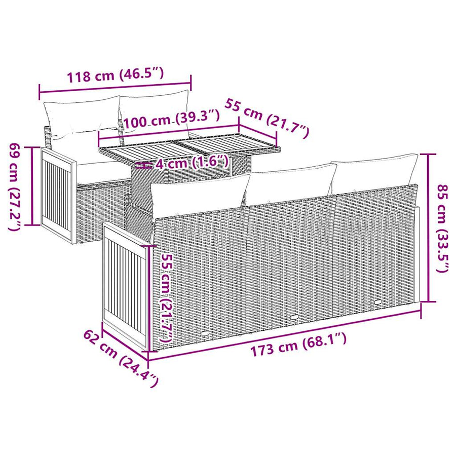 6-delige Loungeset met kussens poly rattan acacia grijs