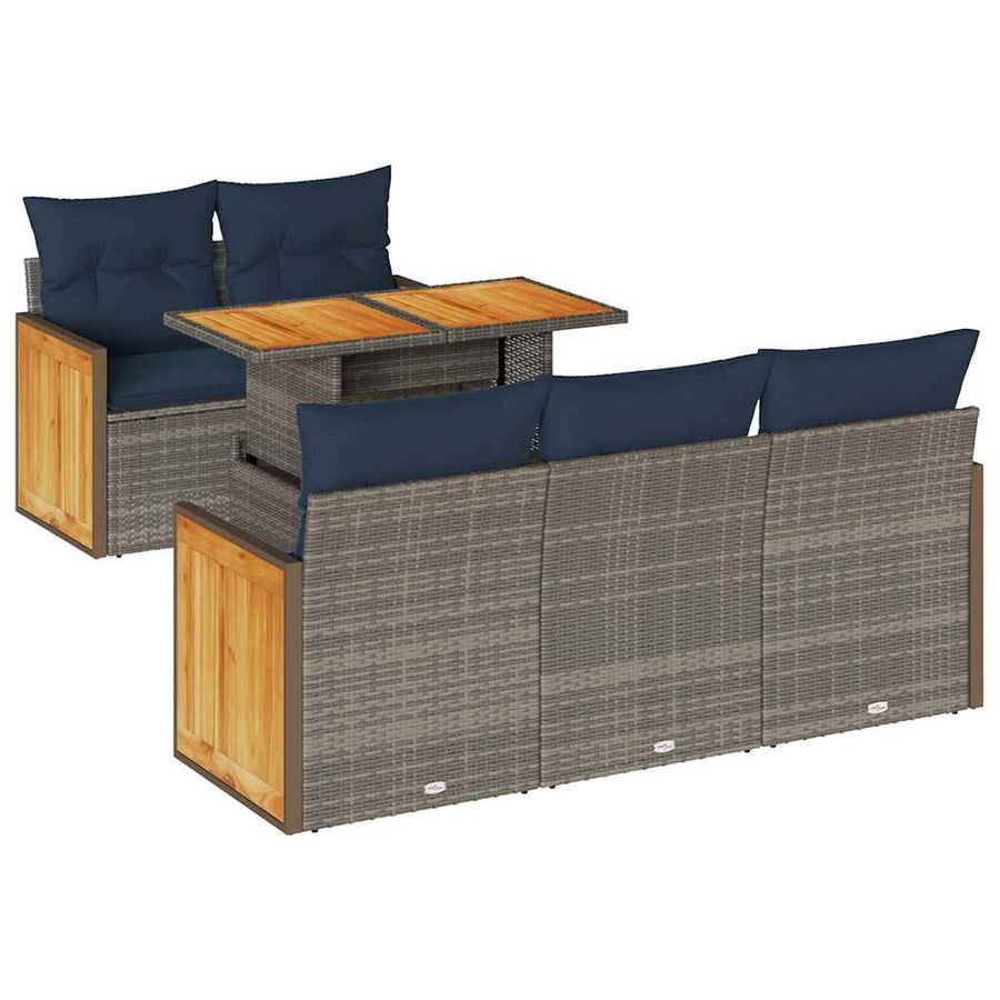 6-delige Loungeset met kussens poly rattan acacia grijs