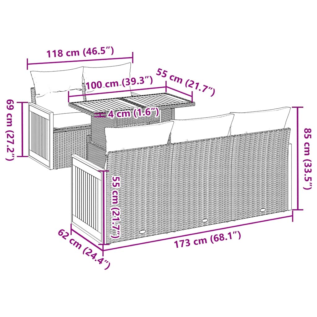 6-delige Loungeset met kussens poly rattan acacia grijs
