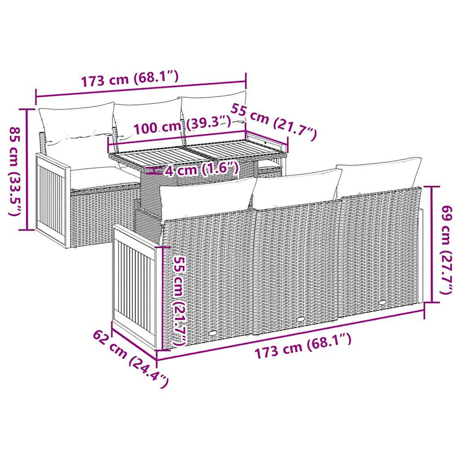 7-delige Loungeset met kussens poly rattan acacia zwart