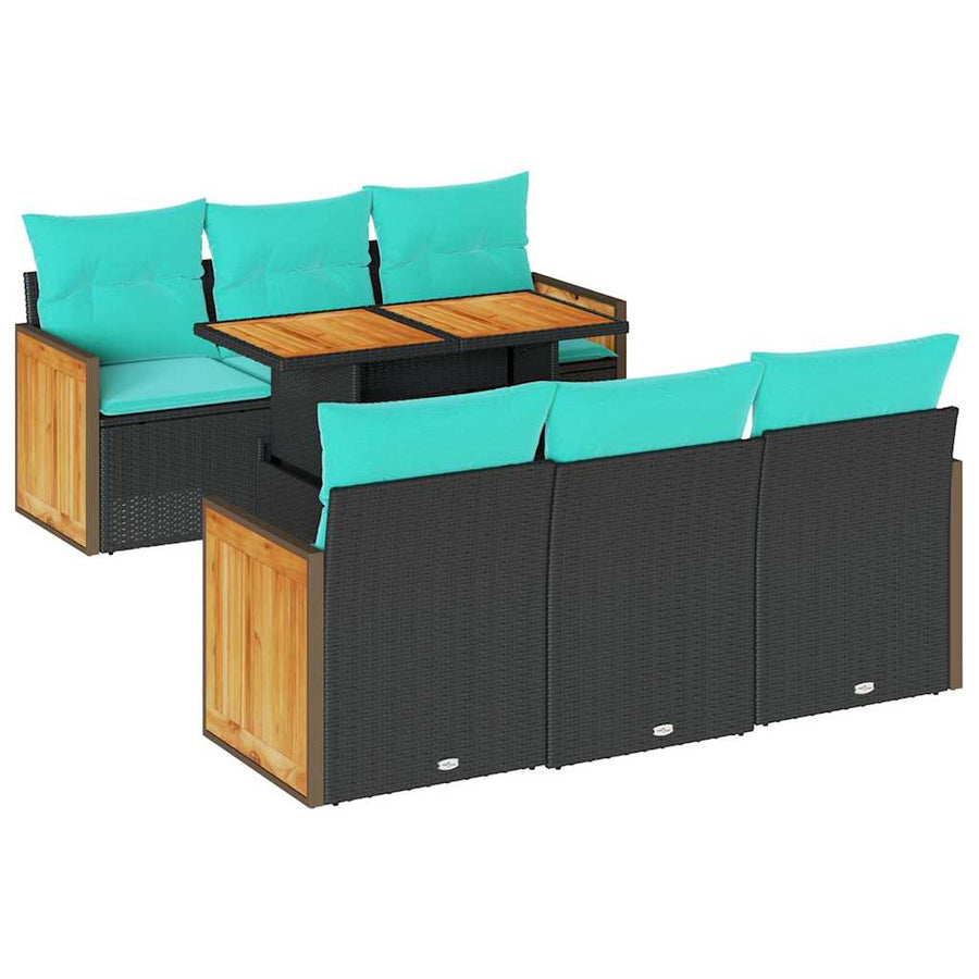 7-delige Loungeset met kussens poly rattan acacia zwart