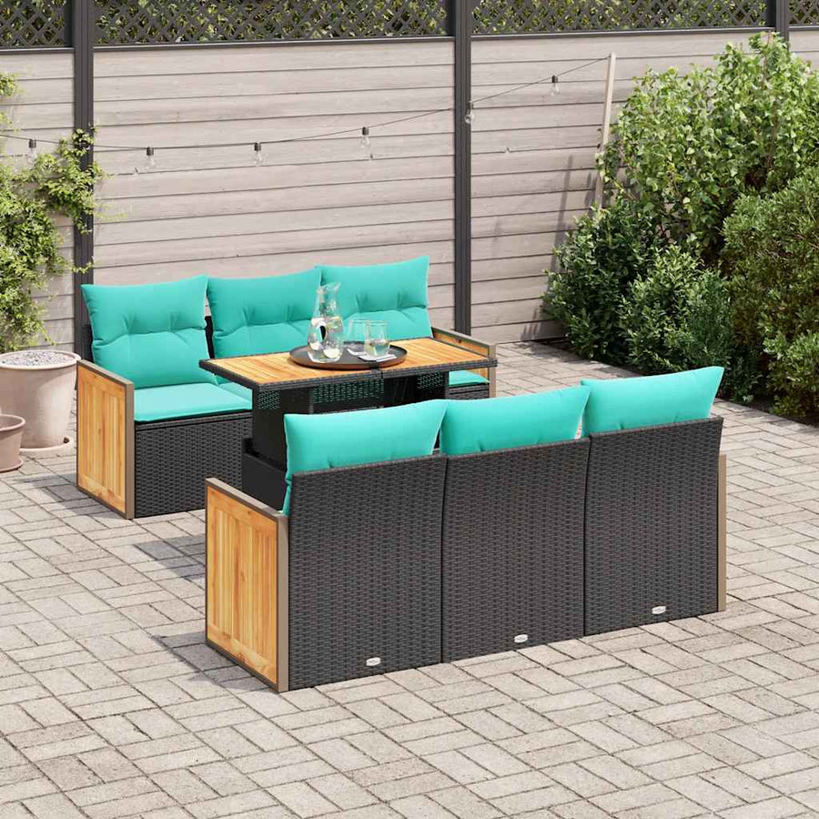 7-delige Loungeset met kussens poly rattan acacia zwart