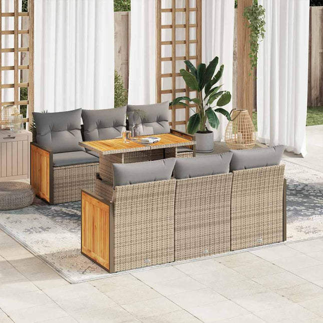 7-delige Loungeset met kussens poly rattan acacia beige