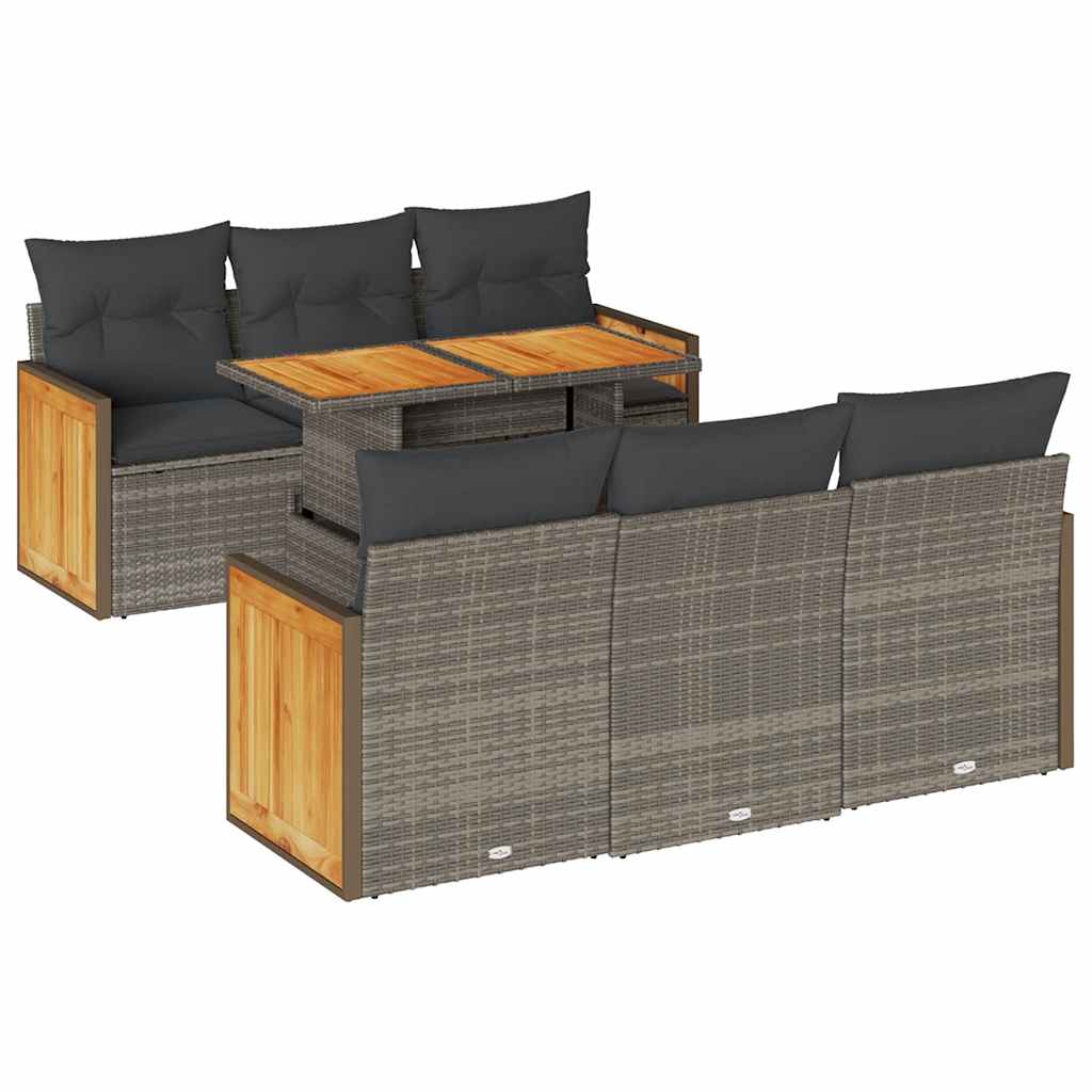 7-delige Loungeset met kussens poly rattan acacia grijs