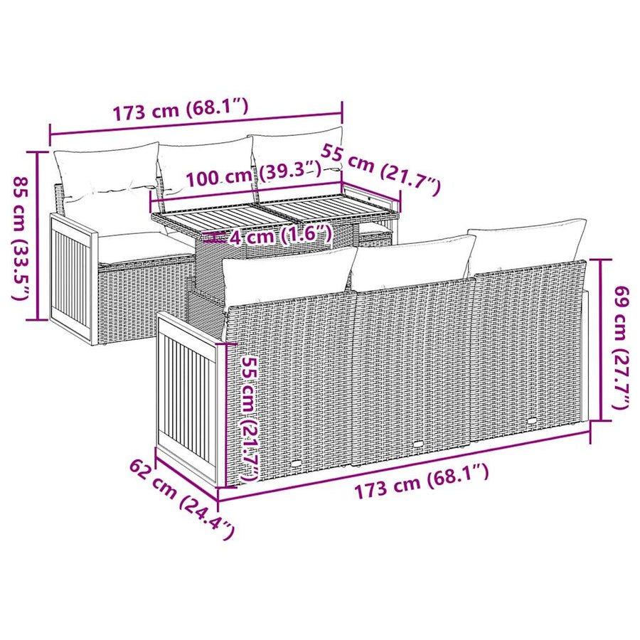 7-delige Loungeset met kussens poly rattan acacia grijs