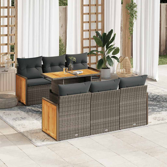 7-delige Loungeset met kussens poly rattan acacia grijs