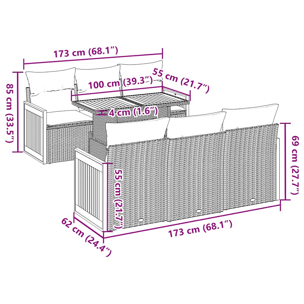 7-delige Loungeset met kussens poly rattan acacia grijs