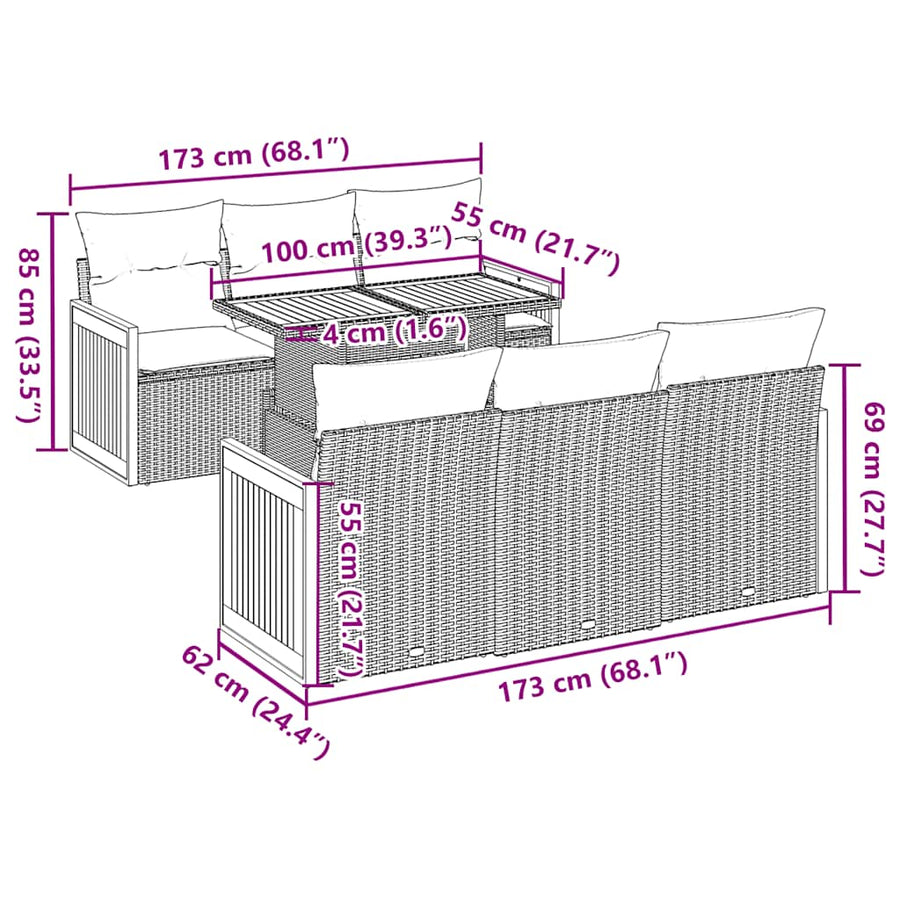 7-delige Loungeset met kussens poly rattan acacia grijs
