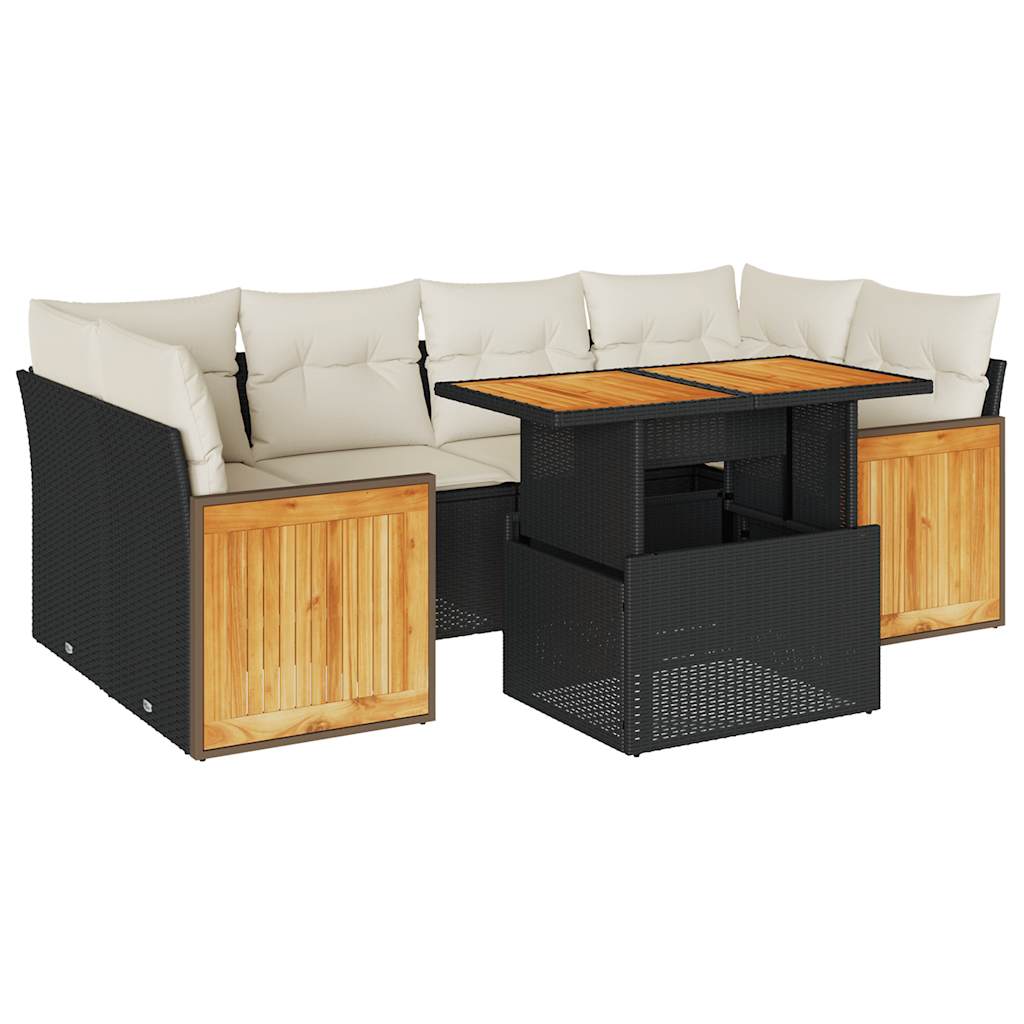 7-delige Loungeset met kussens poly rattan acacia zwart