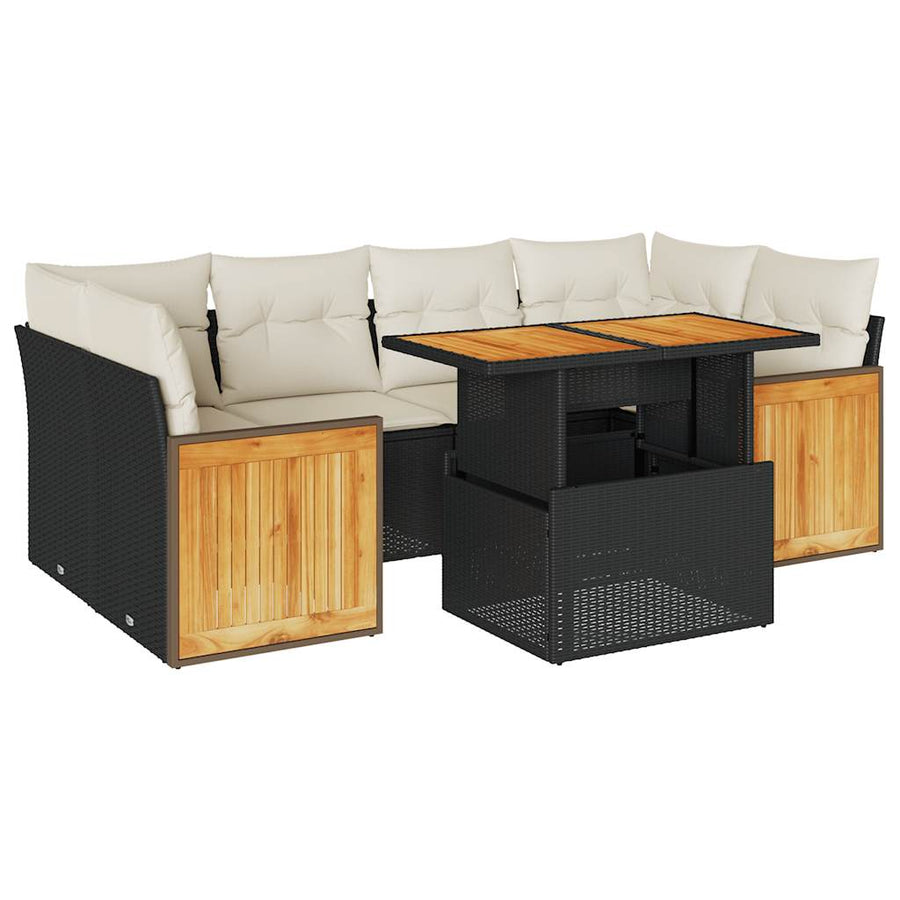 7-delige Loungeset met kussens poly rattan acacia zwart