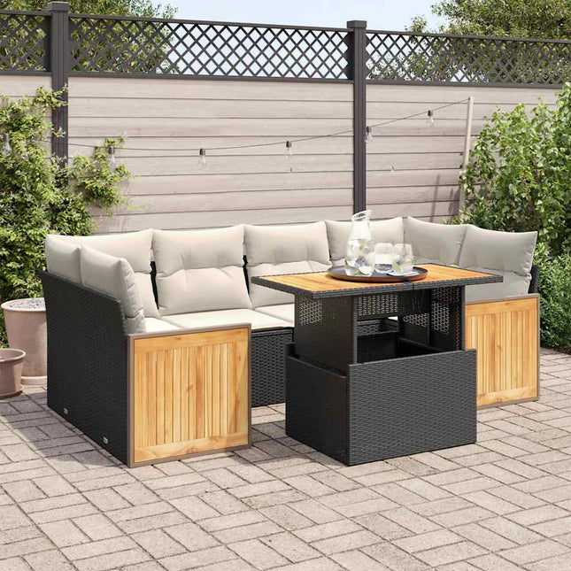 7-delige Loungeset met kussens poly rattan acacia zwart