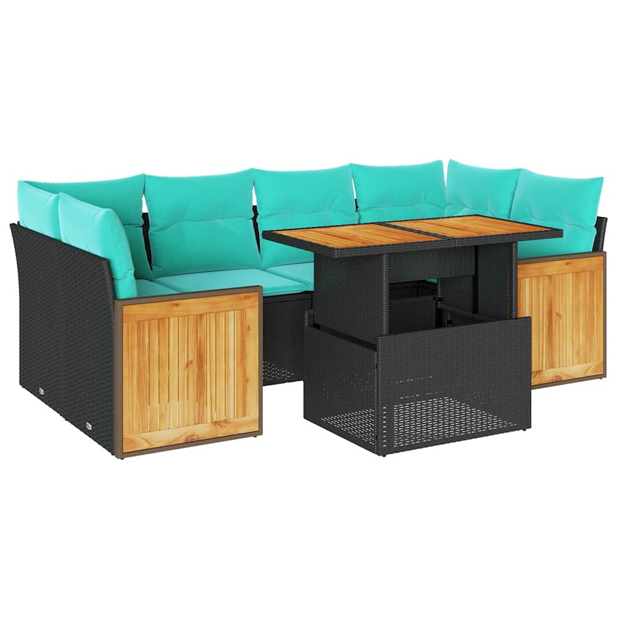 7-delige Loungeset met kussens poly rattan acacia zwart