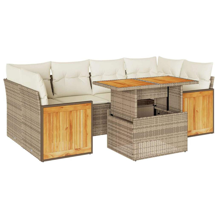7-delige Loungeset met kussens poly rattan acacia beige