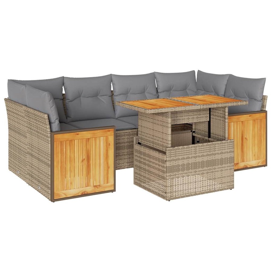 7-delige Loungeset met kussens poly rattan acacia beige