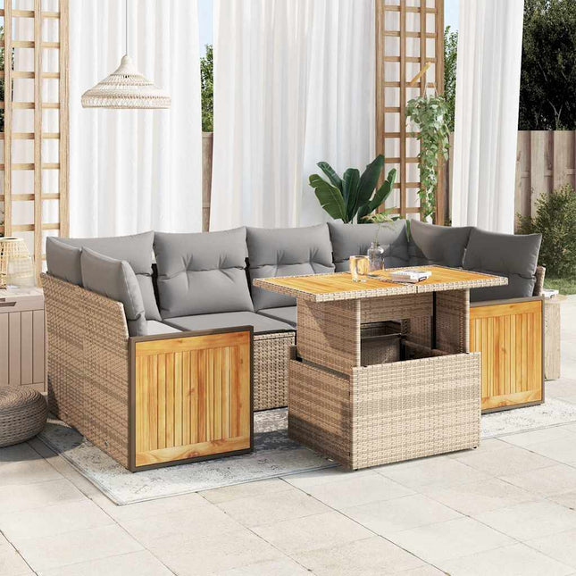 7-delige Loungeset met kussens poly rattan acacia beige