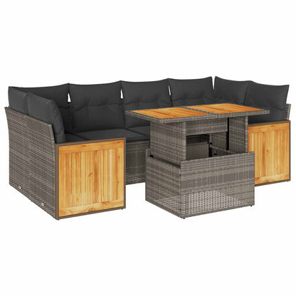 7-delige Loungeset met kussens poly rattan acacia grijs