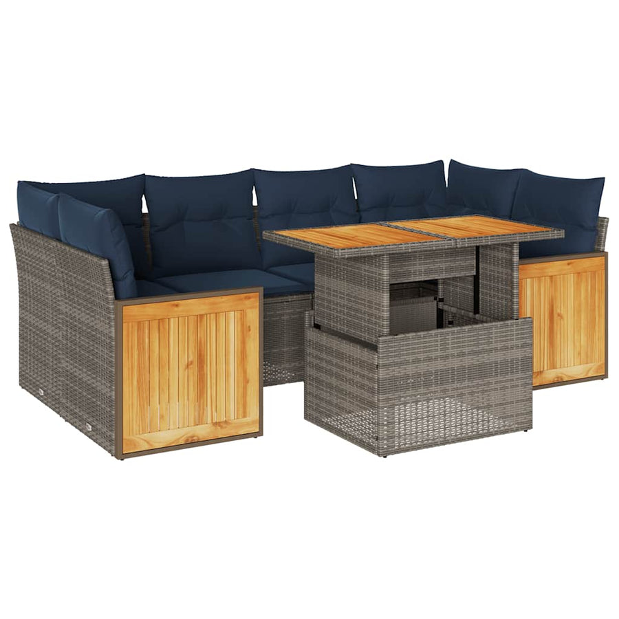 7-delige Loungeset met kussens poly rattan acacia grijs