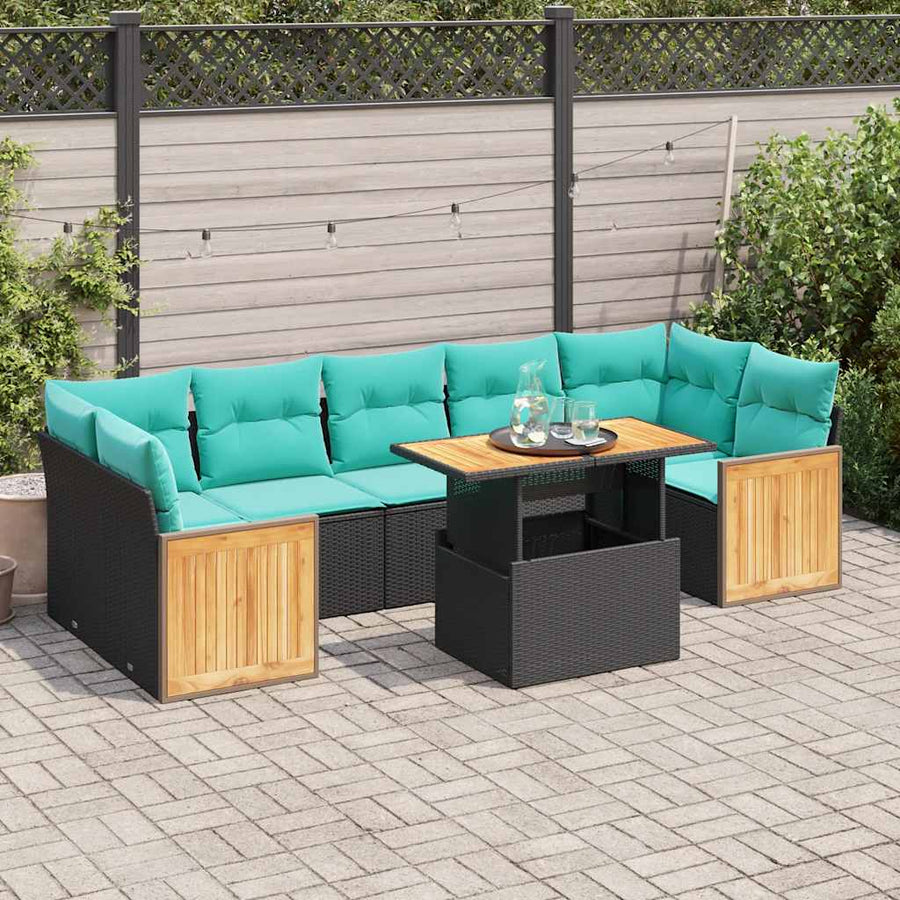 10-delige Loungeset met kussens poly rattan acacia zwart