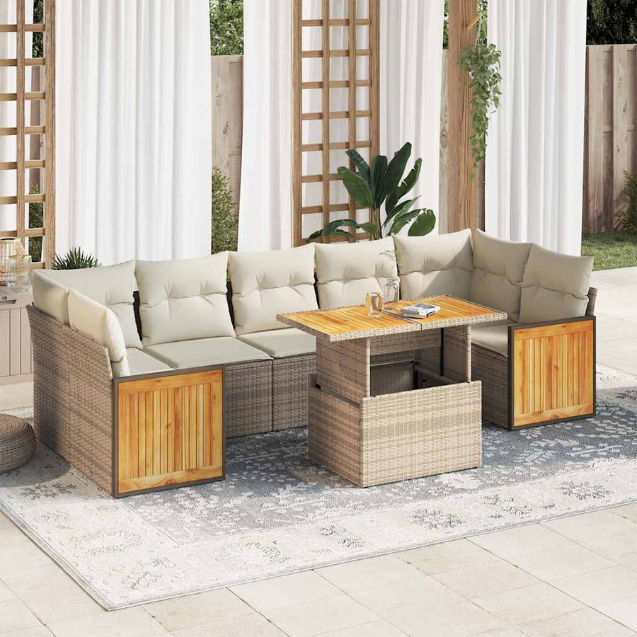 8-delige Loungeset met kussens poly rattan acacia beige