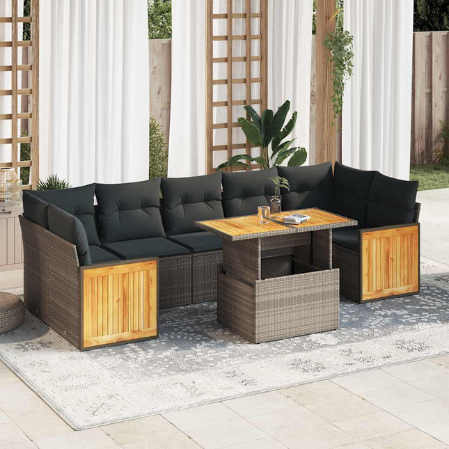 8-delige Loungeset met kussens poly rattan acacia grijs