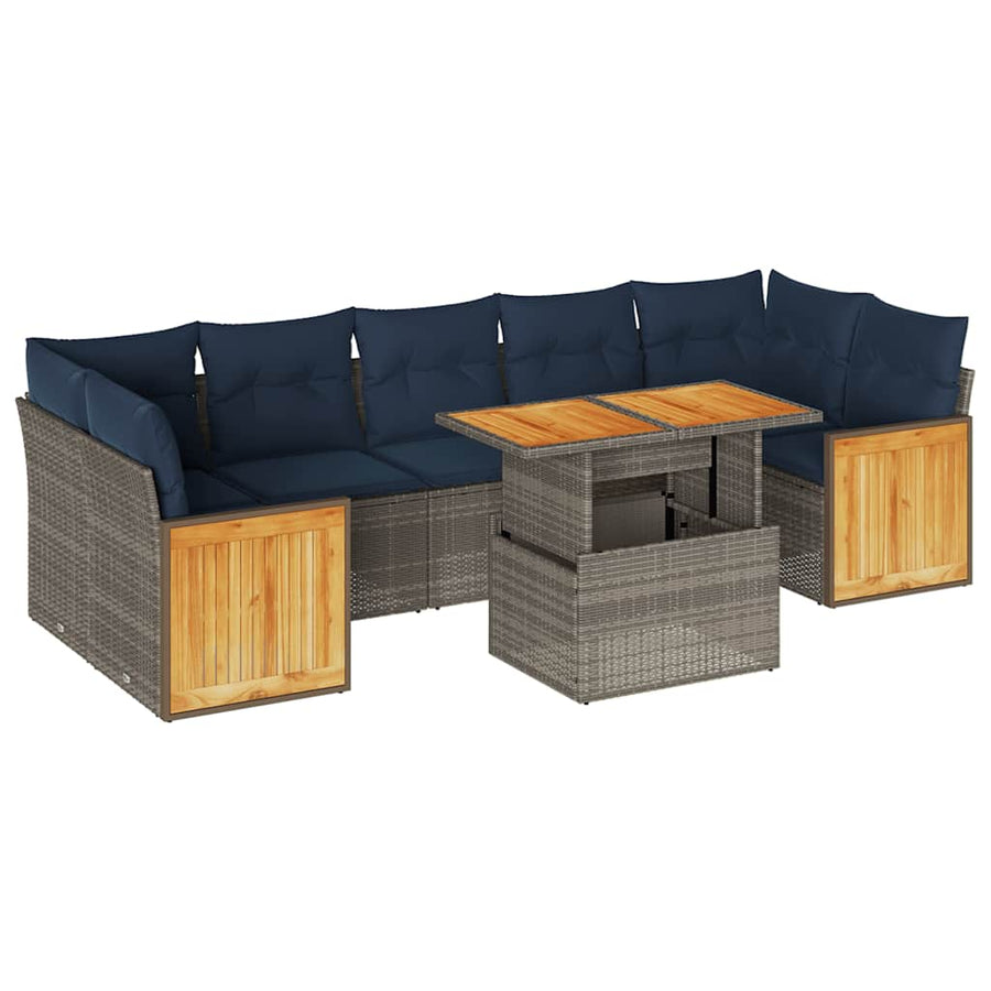 8-delige Loungeset met kussens poly rattan acacia grijs