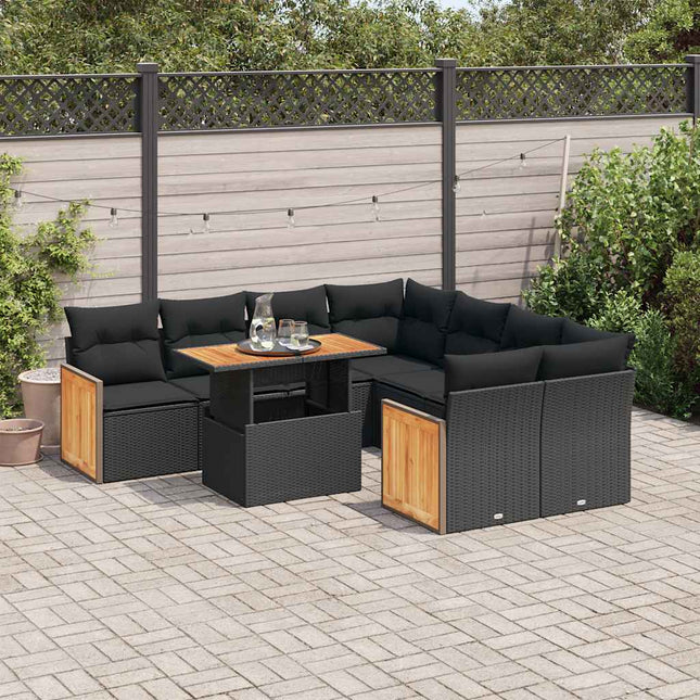 9-delige Loungeset met kussens poly rattan acacia zwart