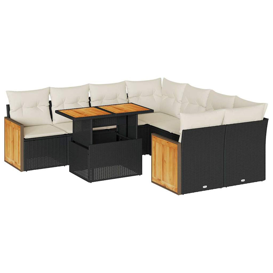 9-delige Loungeset met kussens poly rattan acacia zwart